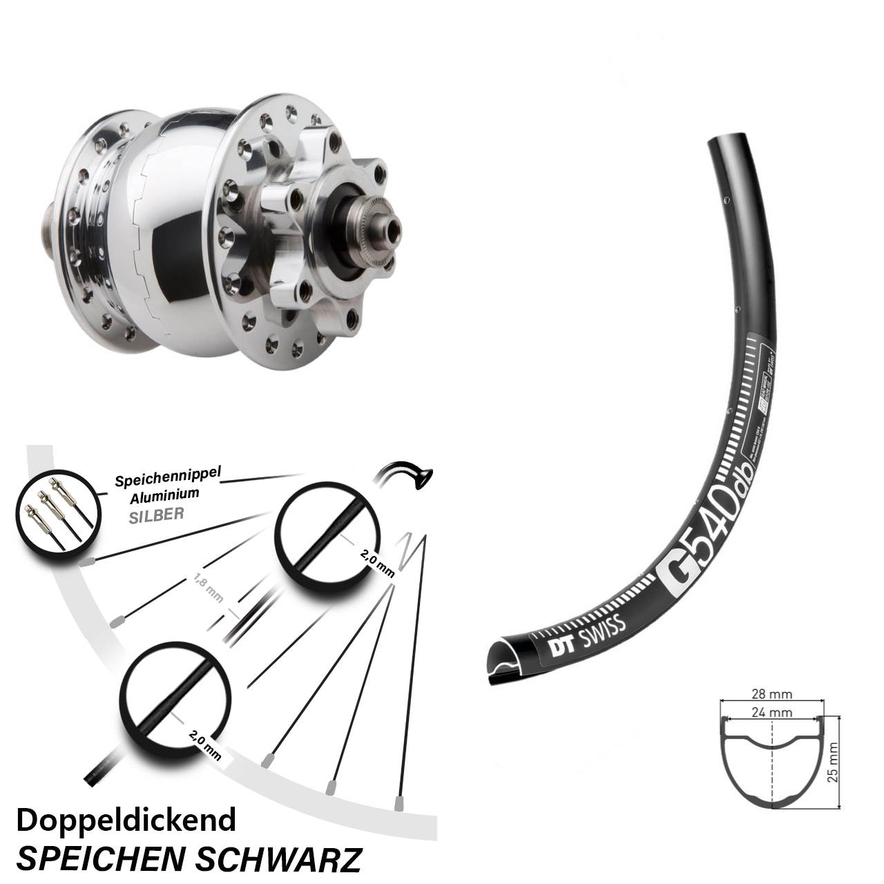 Disc Laufrad mit Nabendynamo 27,5 Zoll DT Swiss G 540 SON 28 für Schnellspanner