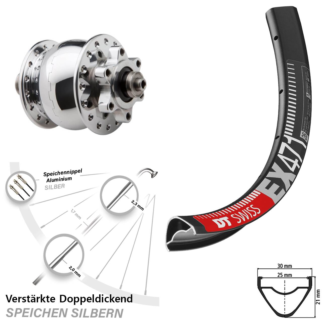 Vorderrad 26 Zoll DT Swiss EX 471 SON 28 6-Loch silbern poliert