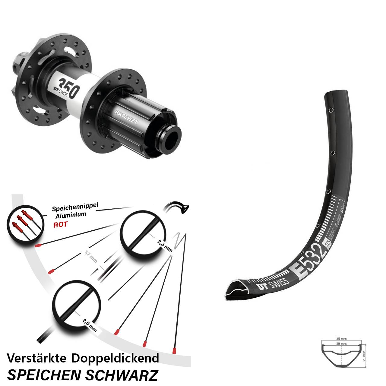Disc Hinterrad 27,5 Zoll DT Swiss E 532-350 Ratchet 36 8-11 fach HG 12x148 Boost