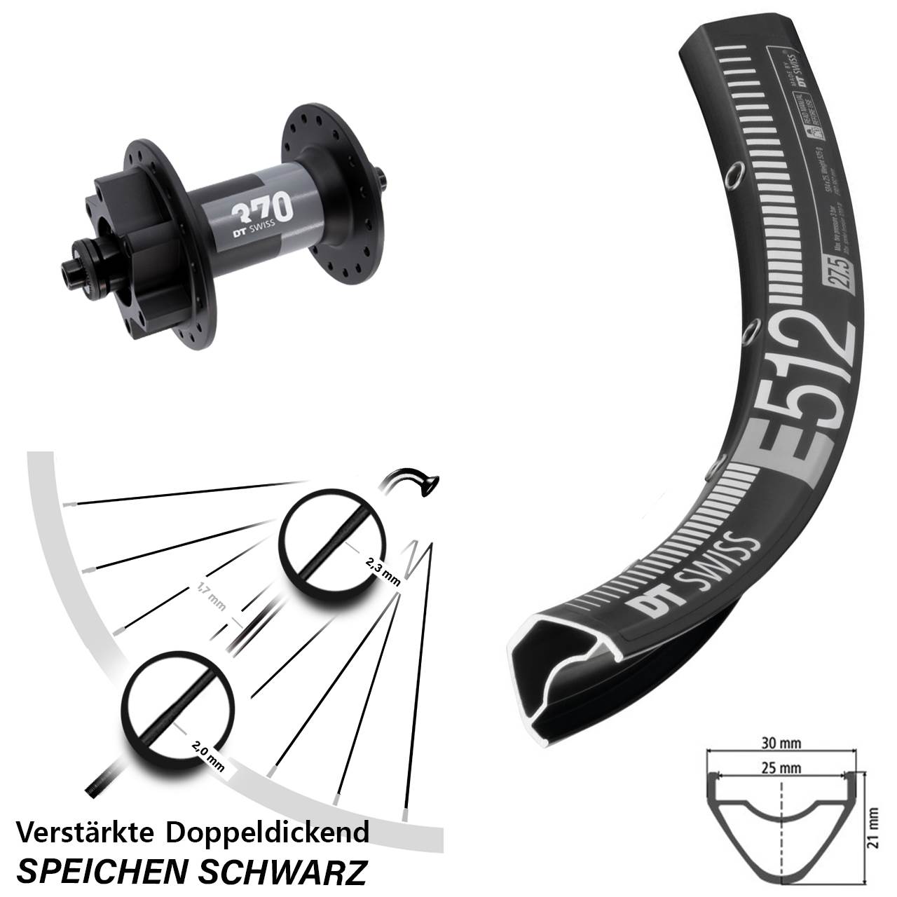 6-Loch Vorderrad 27,5 Zoll DT Swiss E 512-370 für Schnellspanner