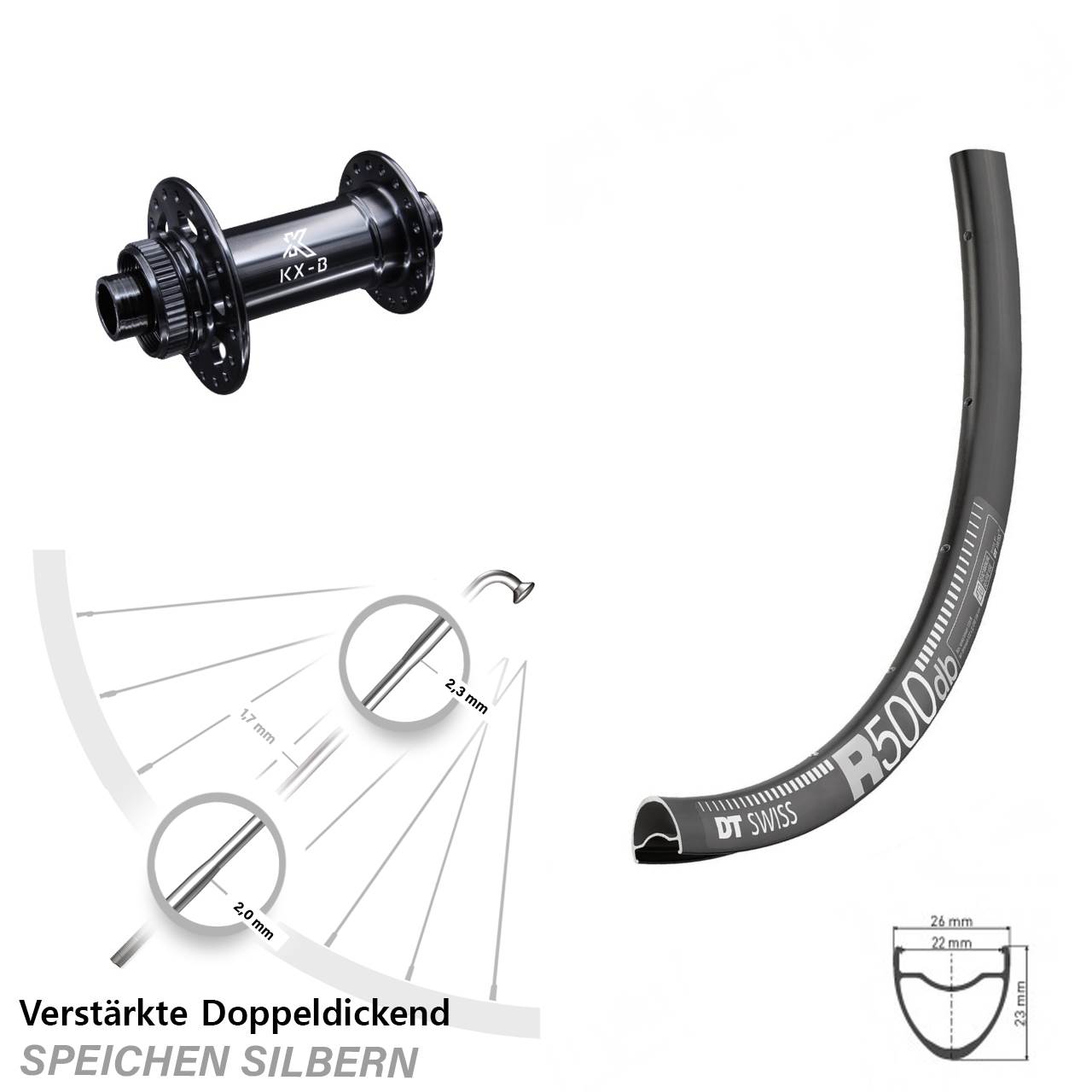 KX-B Boost 12x110 mm DT Swiss R 500 Vorderrad 28 Zoll verstärkt Road Disc
