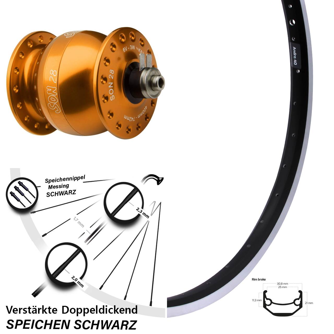 26 Zoll Ryde Andra 40 SON 28 orange Vorderrad mit Nabendynamo für Schnellspanner