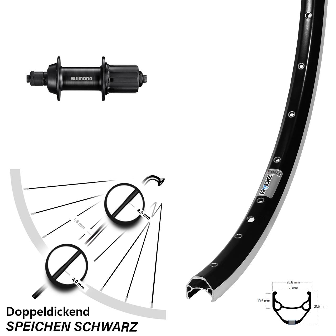 Laufrad 26 Zoll Ryde ZAC 421 schwarz Shimano FH-TY500 2,0-1,8-2,0 7 fach