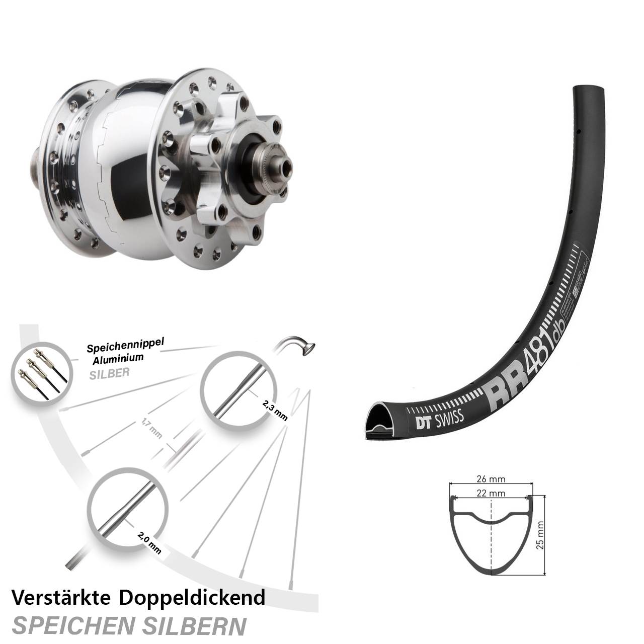 Vorderrad 28 Zoll DT Swiss RR 481 SON 28 6-Loch silbern poliert