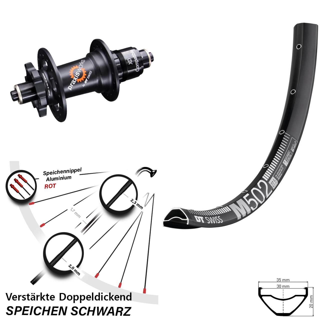 DT Swiss M502-350 29 Zoll Hinterrad 6-Loch für Schnellspanner XD