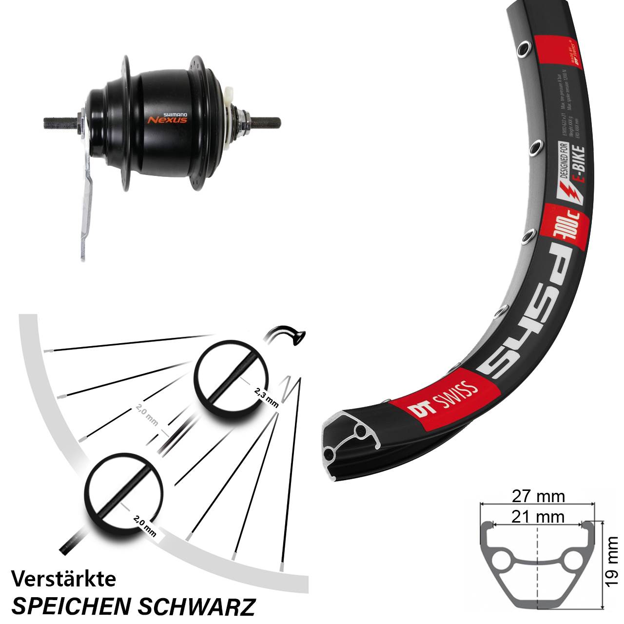 26 Zoll Hinterrad Shimano Nexus 8-Gang mit Rücktrittbremse DT Swiss 545 schwarz