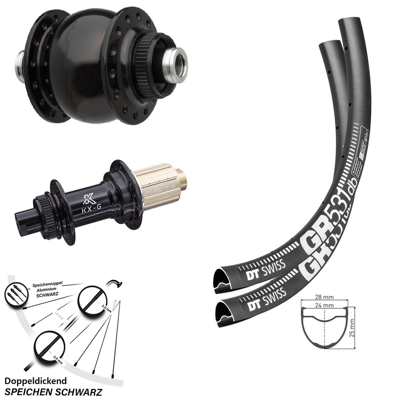 Laufradsatz Dynamo SON 28 Zoll KX-G Steckachse DT Swiss GR 531 Centerlock 100x142 mm