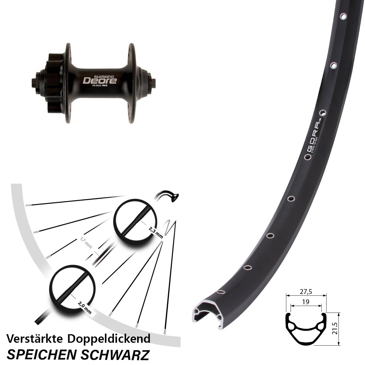 6-Loch Vorderrad 28 Zoll Gora 19 Shimano Deore HB-M525 QR