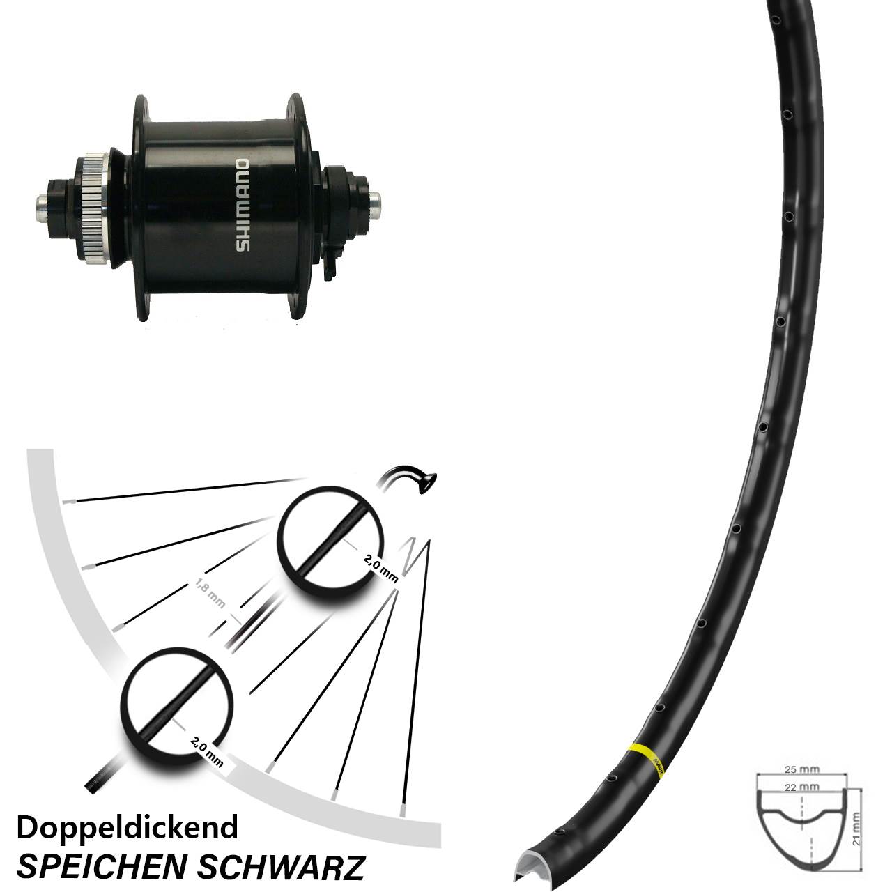 Vorderrad 28-29 Zoll Mavic A 1022 schwarz Shimano DH-UR700-3D für Schnellspanner