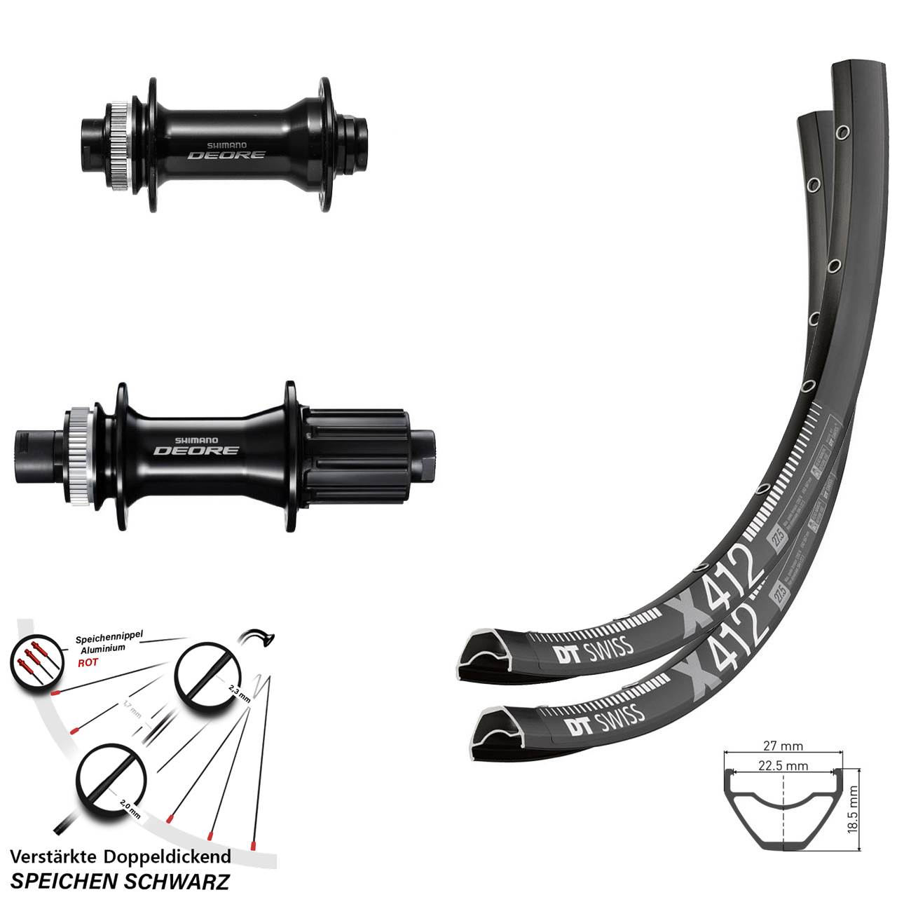 28 Zoll DT Swiss X412 Shimano FH-M6010-B HB-M6010-B Disc Laufrad-Satz 15x110 12x148 Bo
