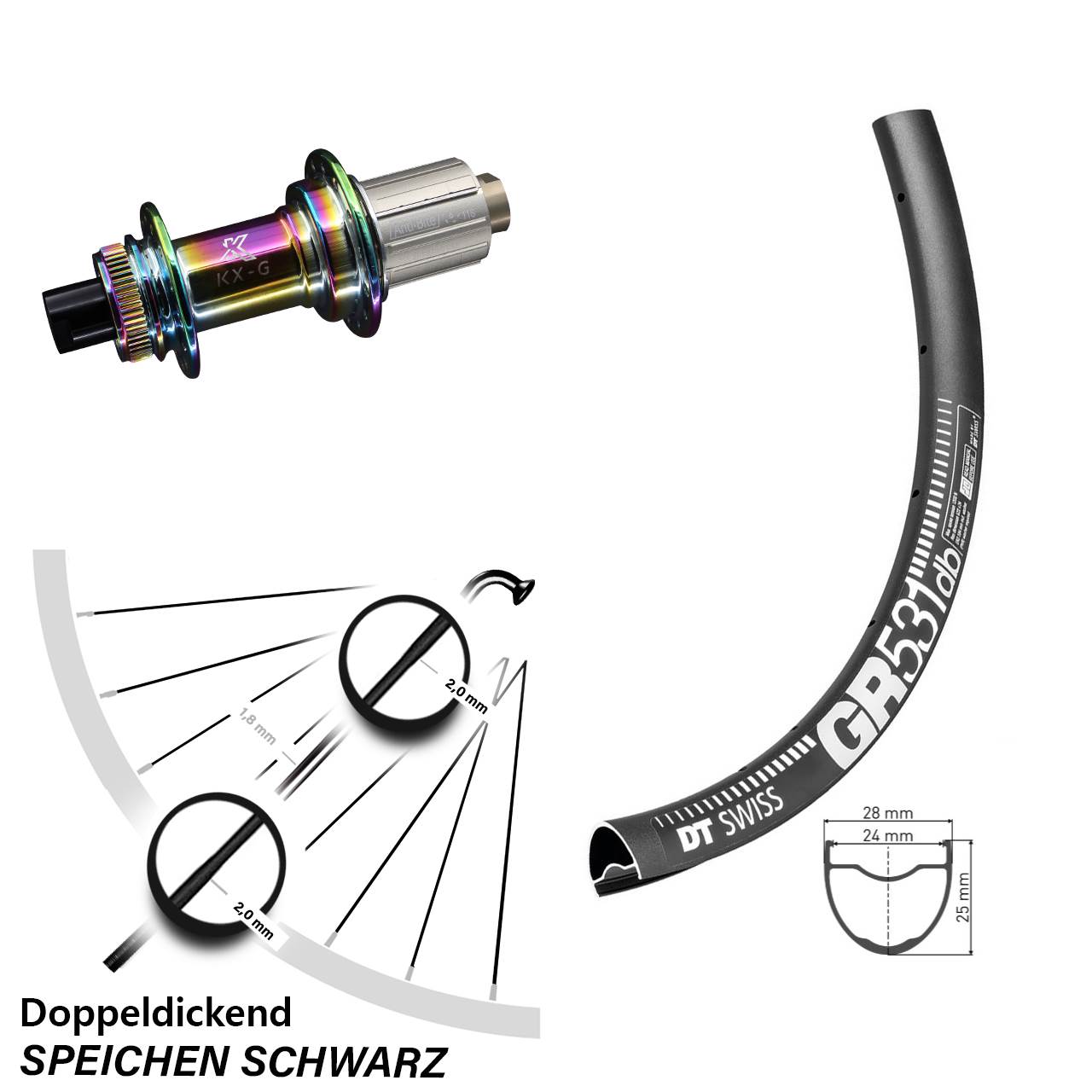 DT Swiss GR 531 DB Gravel Hinterrad 28 und 29 Zoll Centerlock Nabe KX-G Oilslick 8-12 fach