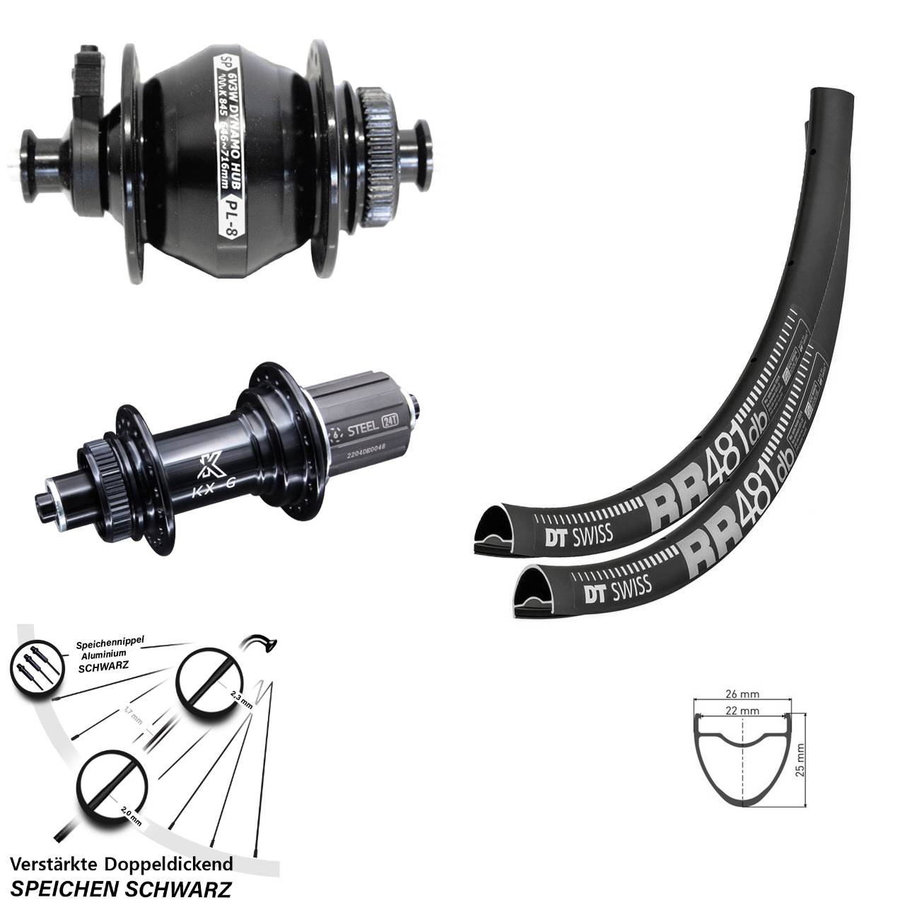 Centerlock Laufradsatz QR 28 Zoll DT Swiss RR 481 KX-GS verstärkt Shutter PL-8 8-12 fach