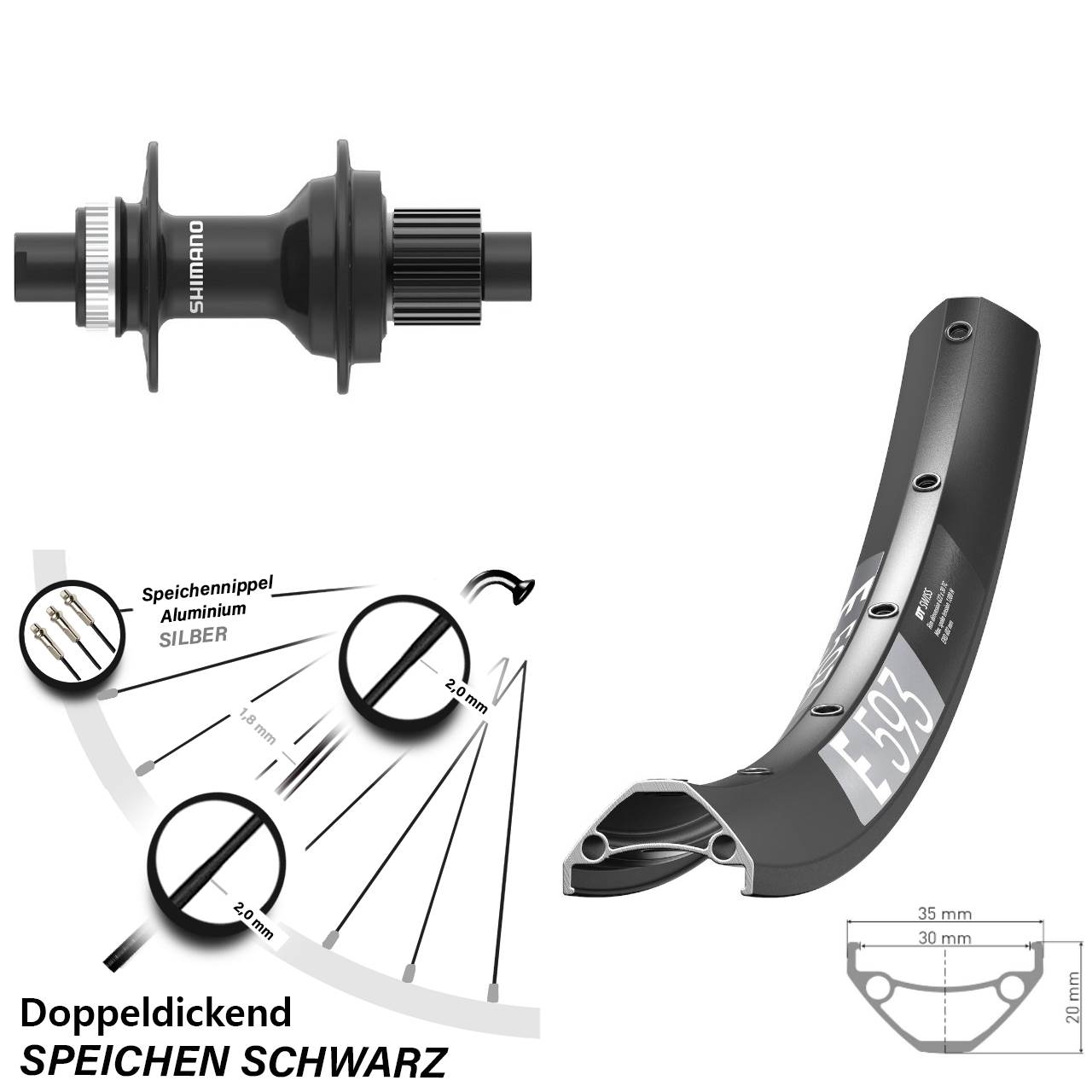 DT Swiss E593 Shimano FH-MT410 29 Zoll Hinterrad Centerlock 12x142 Micro Spline