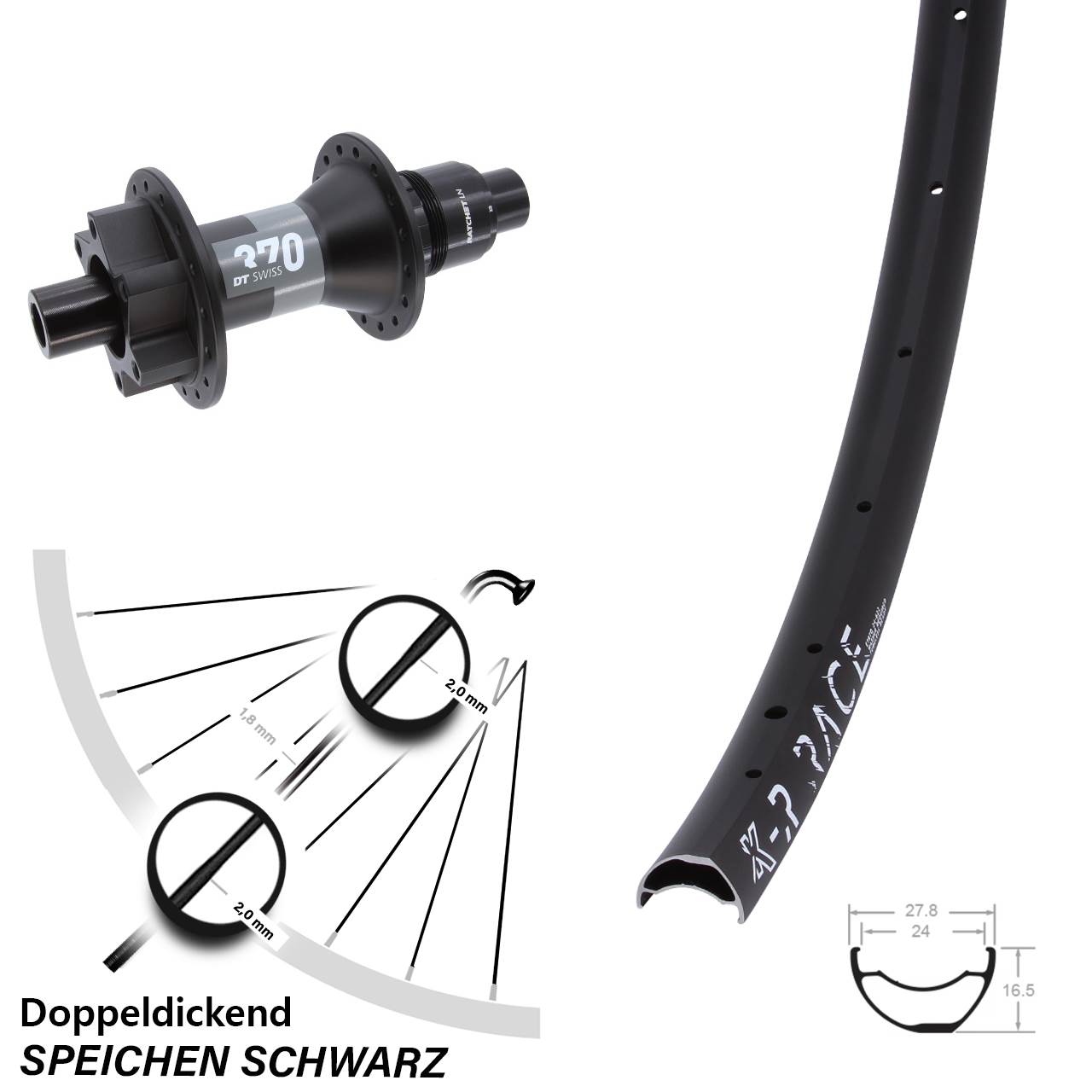 KX-R Race DT Swiss 370 Hinterrad 6-Loch 12x148 Boost XD