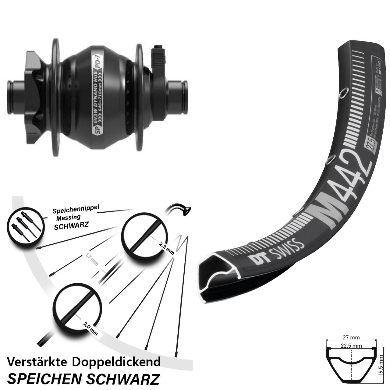 Disc Vorderrad mit Nabendynamo 29 Zoll DT Swiss M 442 Shutter Precision PD-7 12x100