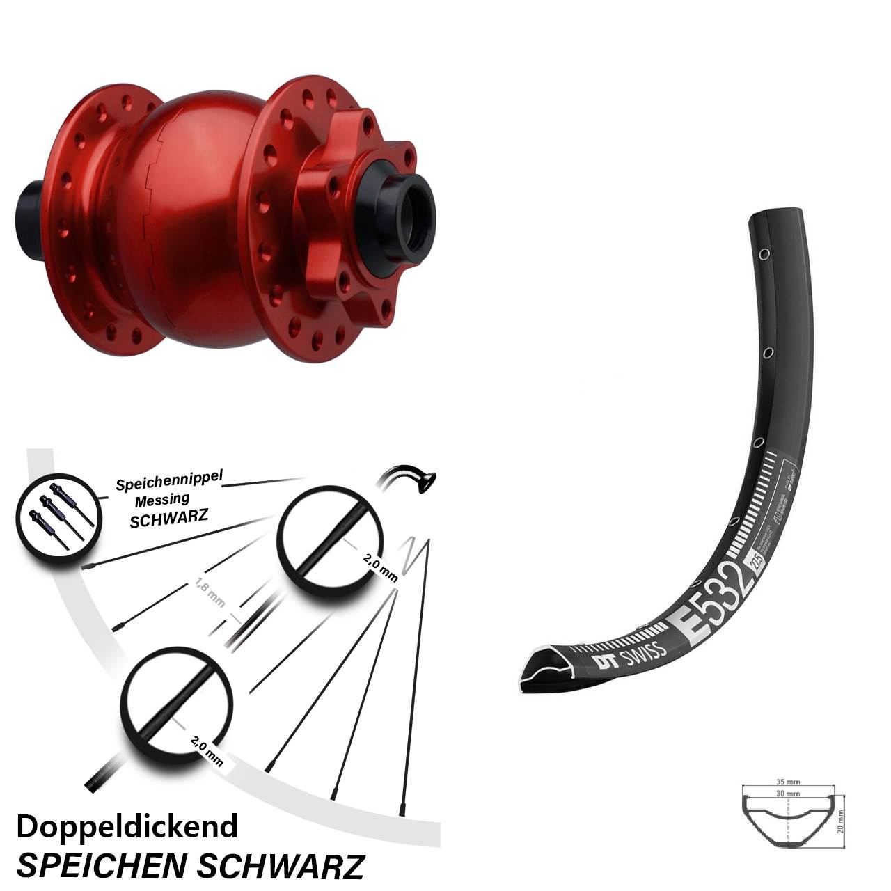 Boost Disc Nabendynamolaufrad 15x110 29 Zoll DT Swiss E532 SON 28 rot