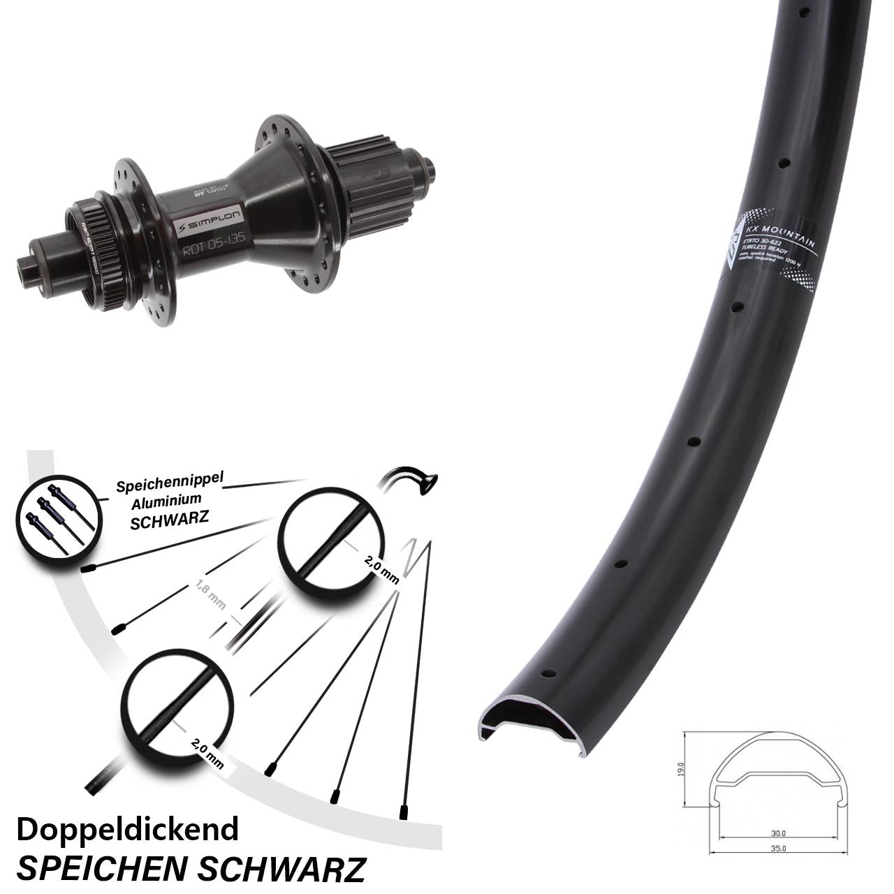 29 Zoll KX Mountain DT Swiss 370 Hybrid Hinterrad Centerlock QR Micro Spline