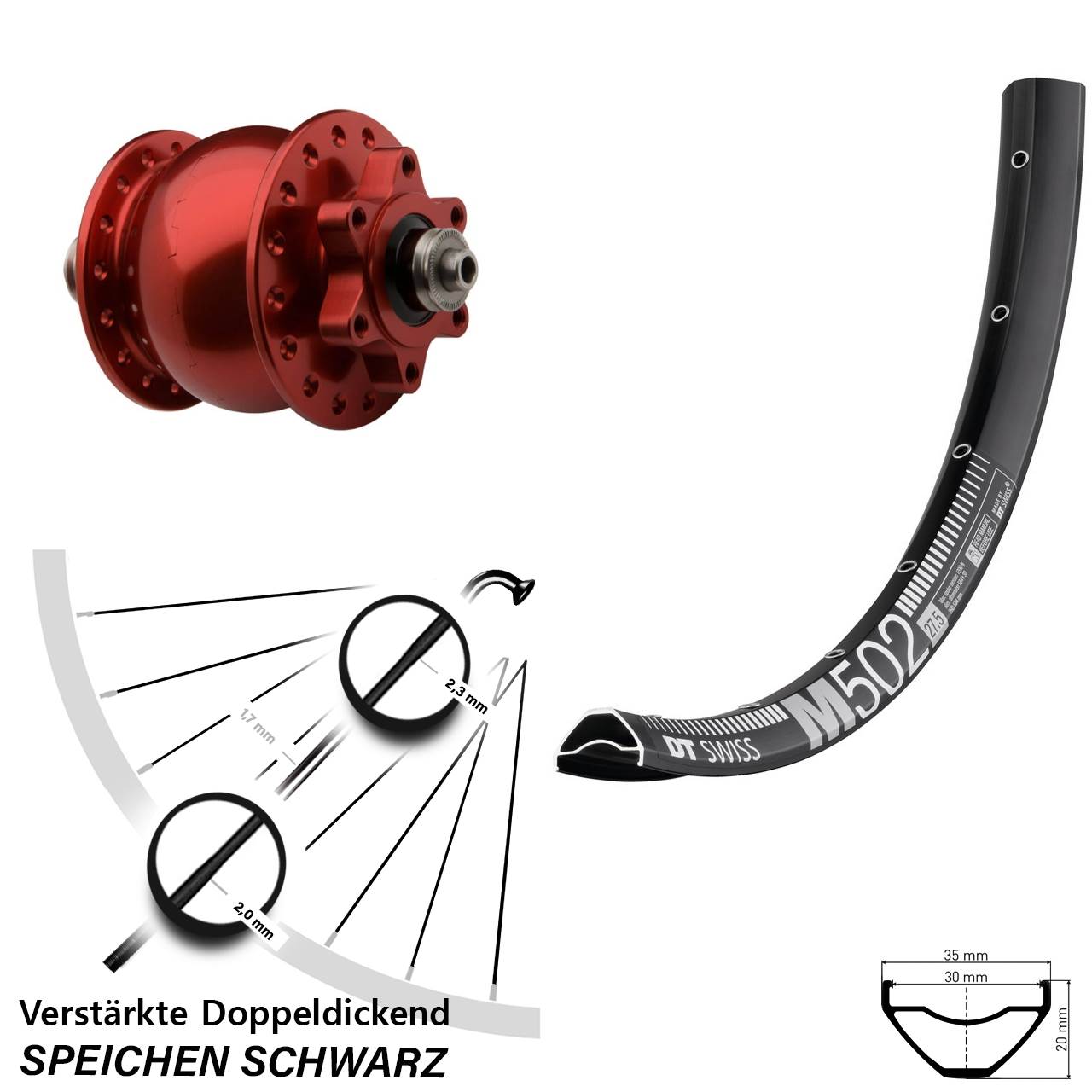 29 Zoll DT Swiss M502 SON 28 rot Disc Nabendynamolaufrad für Schnellspanner