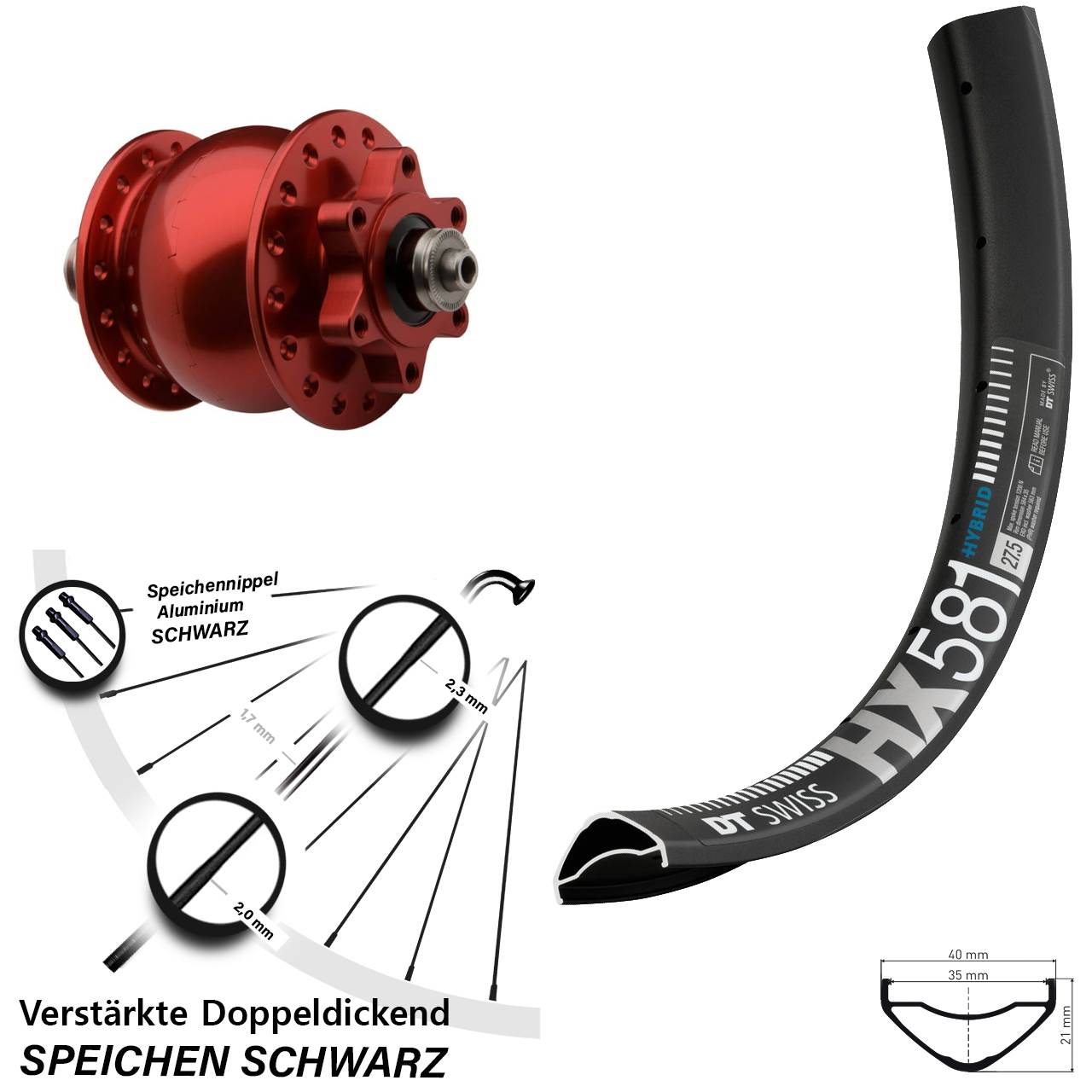 SON 28 rot DT Swiss HX581 27,5 Zoll Disc Laufrad mit Nabendynamo für Schnellspanner