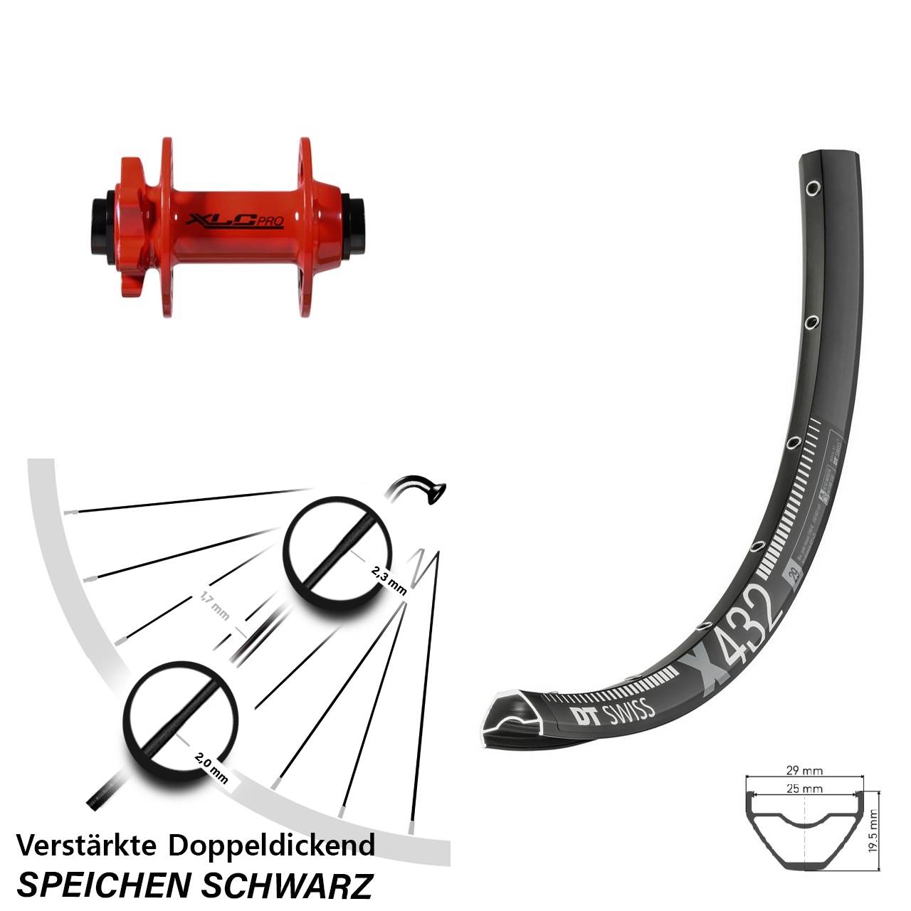 Vorderrad 6-Loch 29 Zoll DT Swiss X 432 XLC rot 15x100