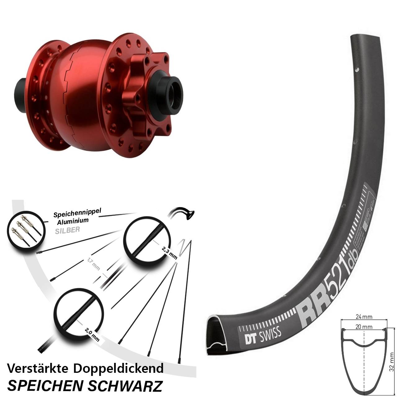 Disc Vorderrad mit Nabendynamo DT Swiss RR 521 SON 28 Zoll rot 15x100
