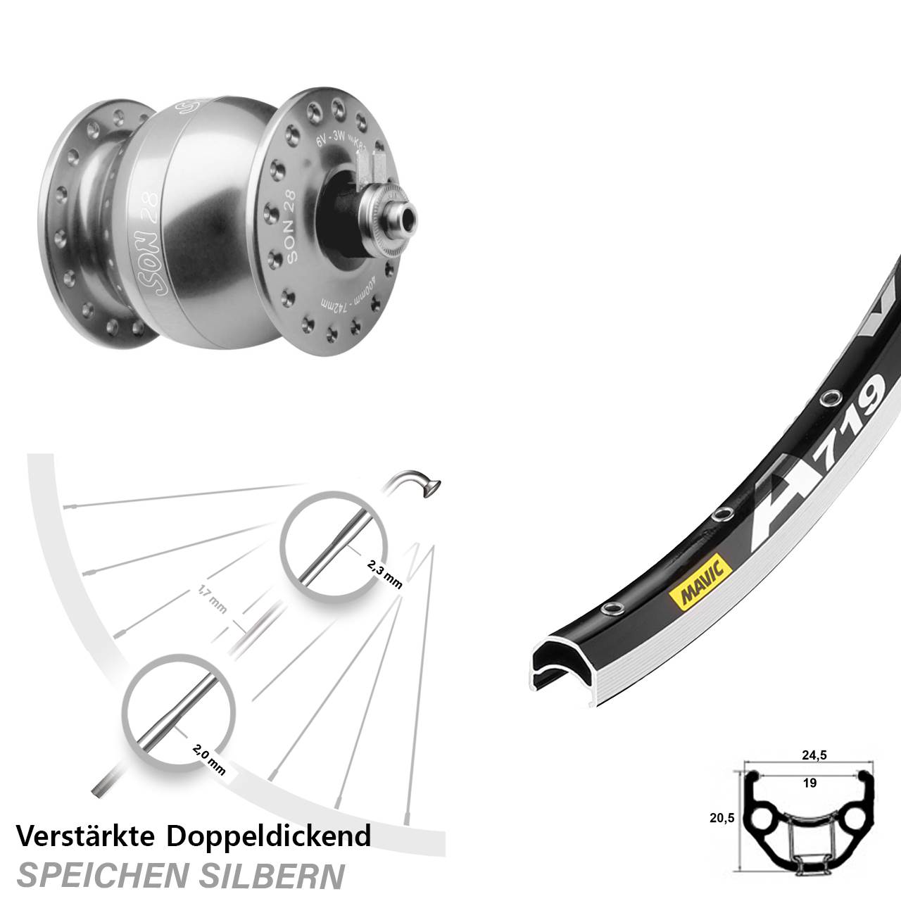 Nabendynamo-Vorderrad SON 28 Zoll Mavic A719 silbern QR