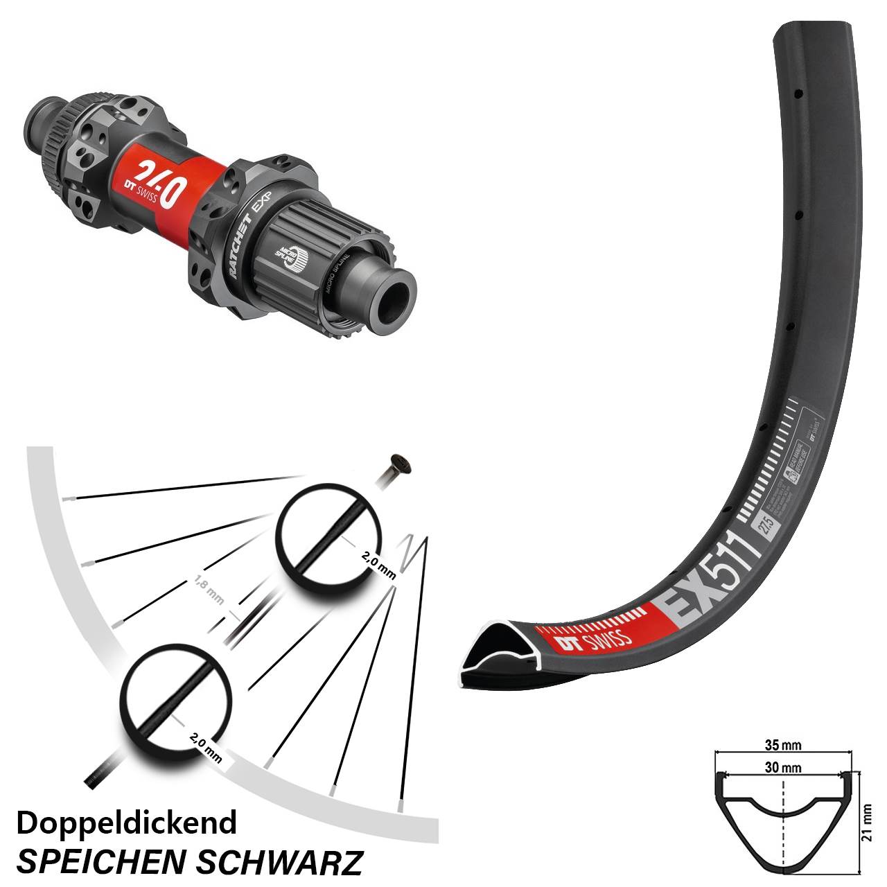 DT Swiss EX 511 Hinterrad 27,5 Zoll 240 EXP Boost 12x148 mm Straightpull Centerlock
