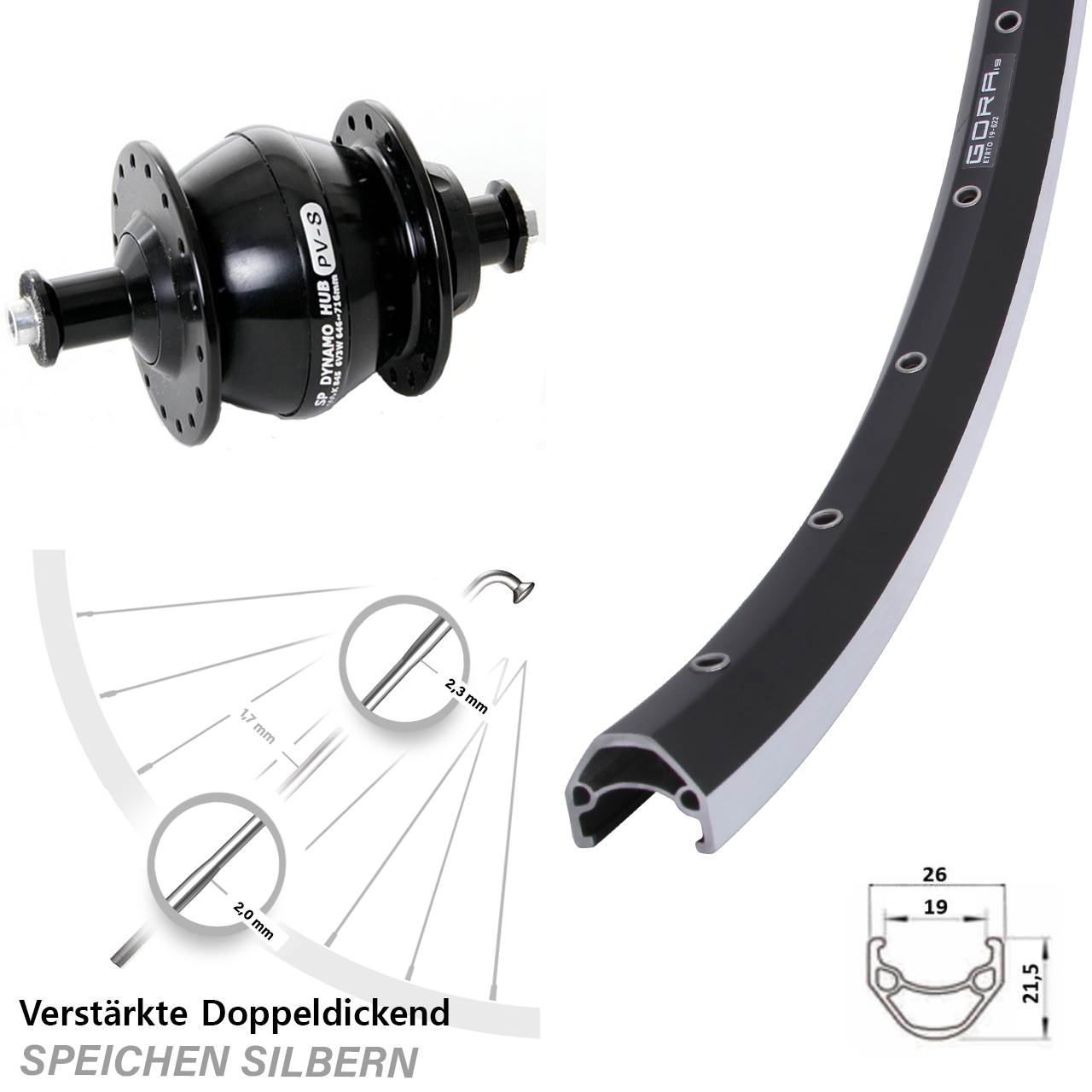Nabendynamovorderrad für Schnellspanner 28 Zoll Gora 19 Shutter PV-8