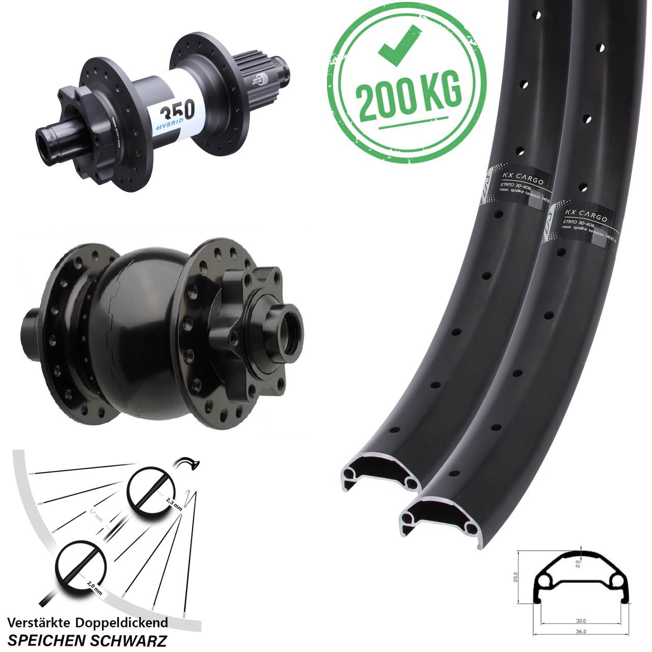 Laufradsatz 6-Loch 15x110/148 20 Zoll KX Cargo DT Swiss Hybrid 350 SON 28 Micro Spline