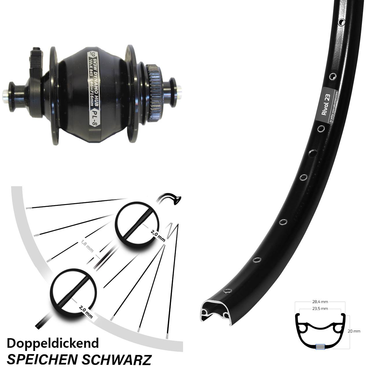 Ryde Rival 23 Shutter PL-8 27,5 Zoll Disc Laufrad mit Nabendynamo QR