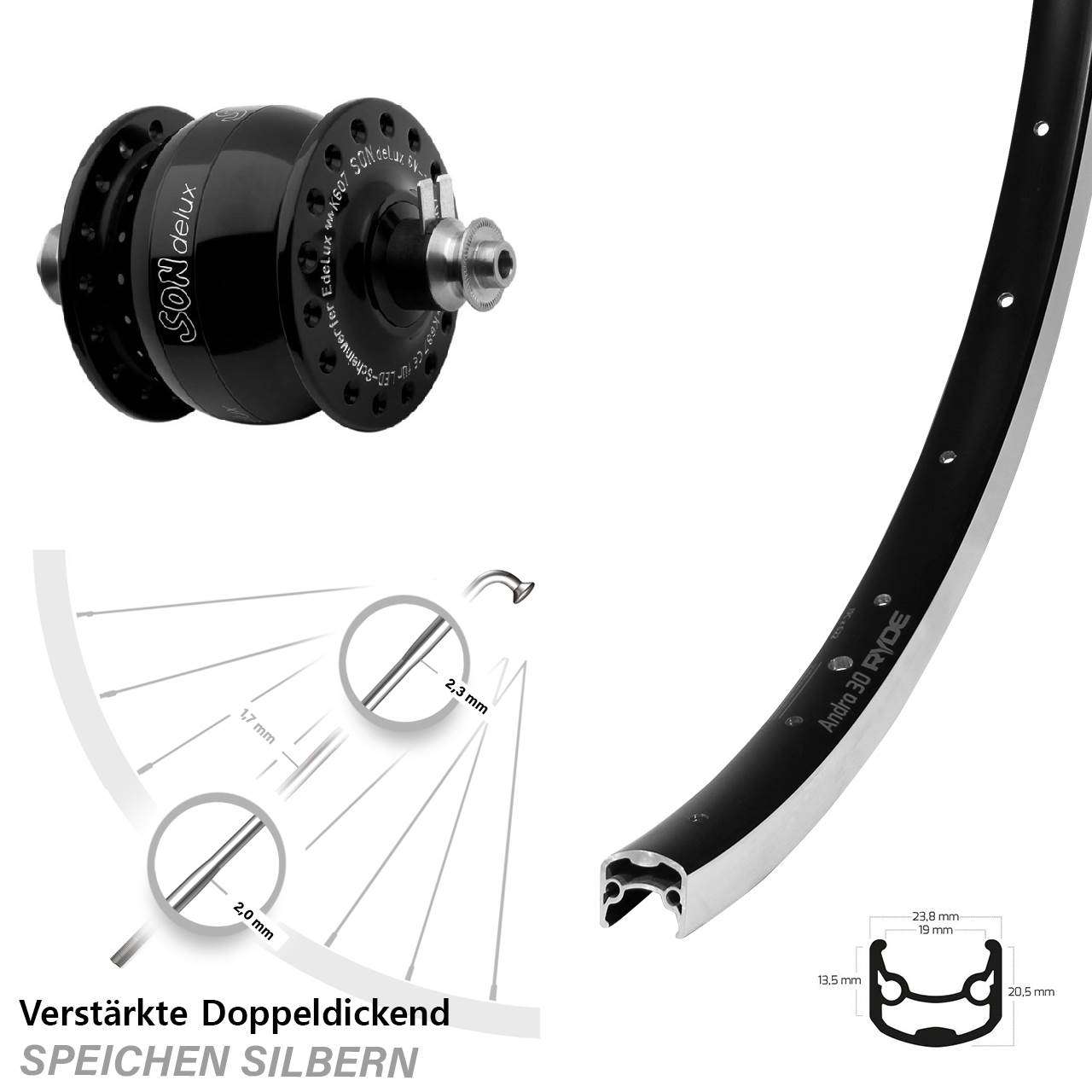 28 Zoll Ryde Andra 30 SON delux Vorderrad mit Nabendynamo QR