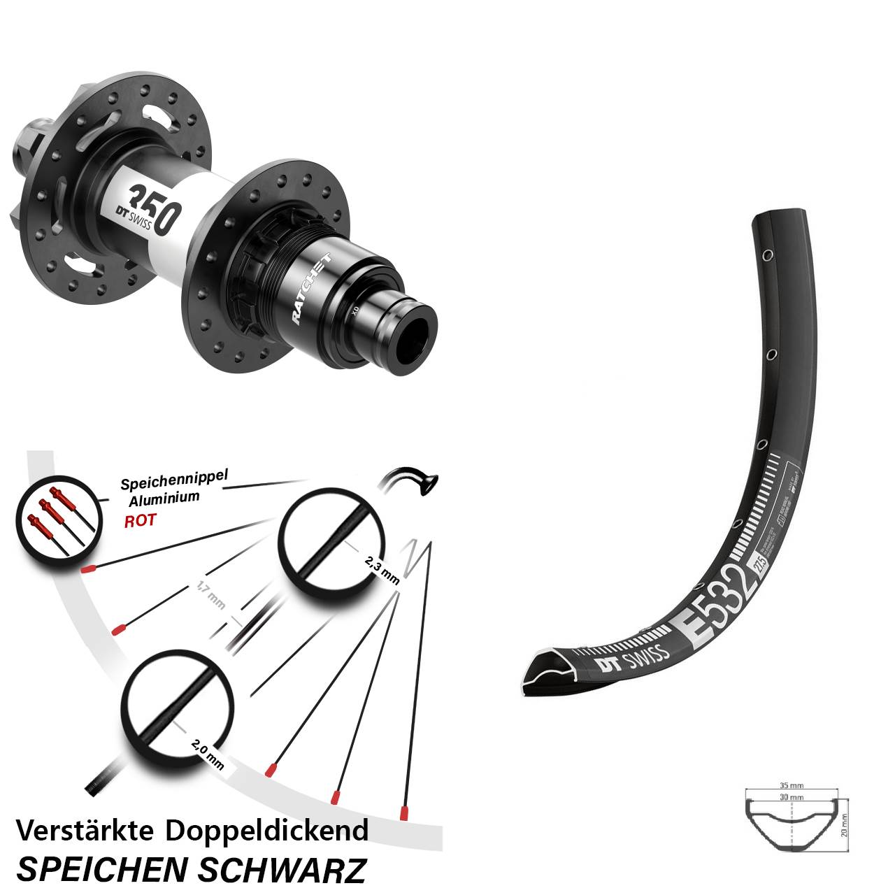 DT Swiss E532-350 Ratchet 36 27,5 Zoll Disc Hinterrad 12x142 XD