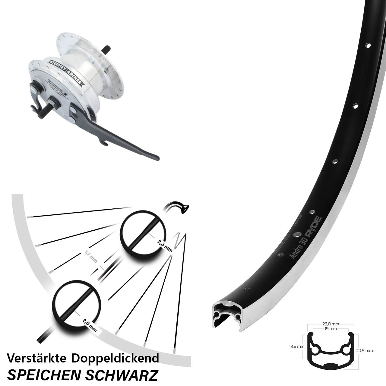 Ryde Andra 30 Nabendynamo Vorderrad 28 Zoll Sturmey Archer XL-FDD 3,0 Vollachse