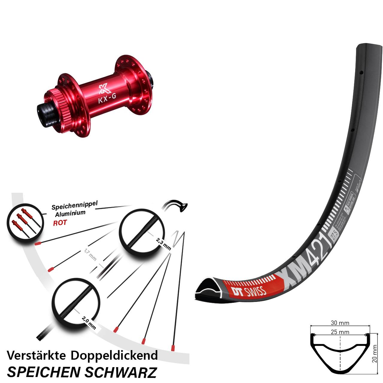 Vorderrad Centerlock 12x100 29 Zoll DT Swiss XM421 KX-G rot