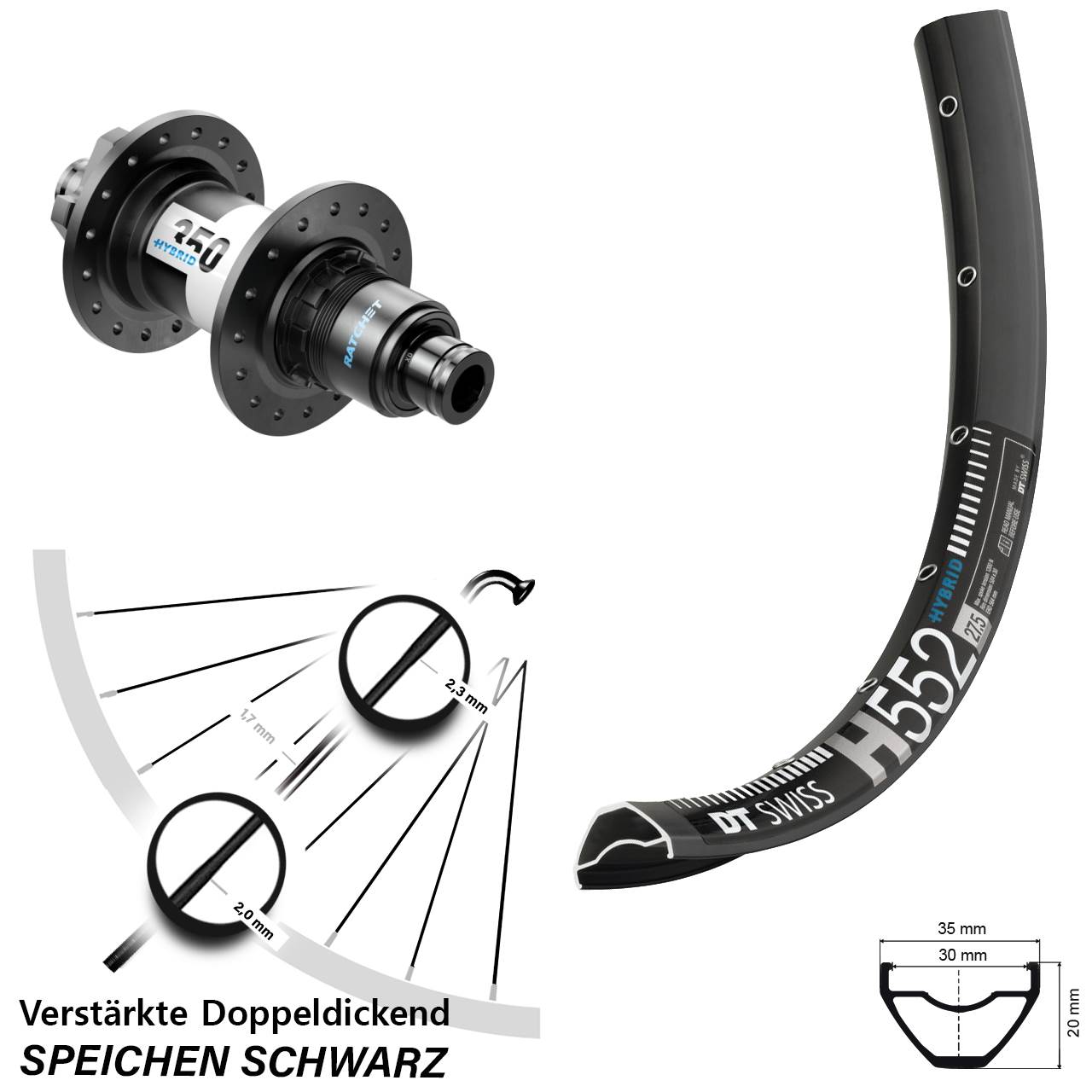 DT Swiss H 552-350 Hybrid 27,5 Zoll Disc Hinterrad 12x148 SRAM XD