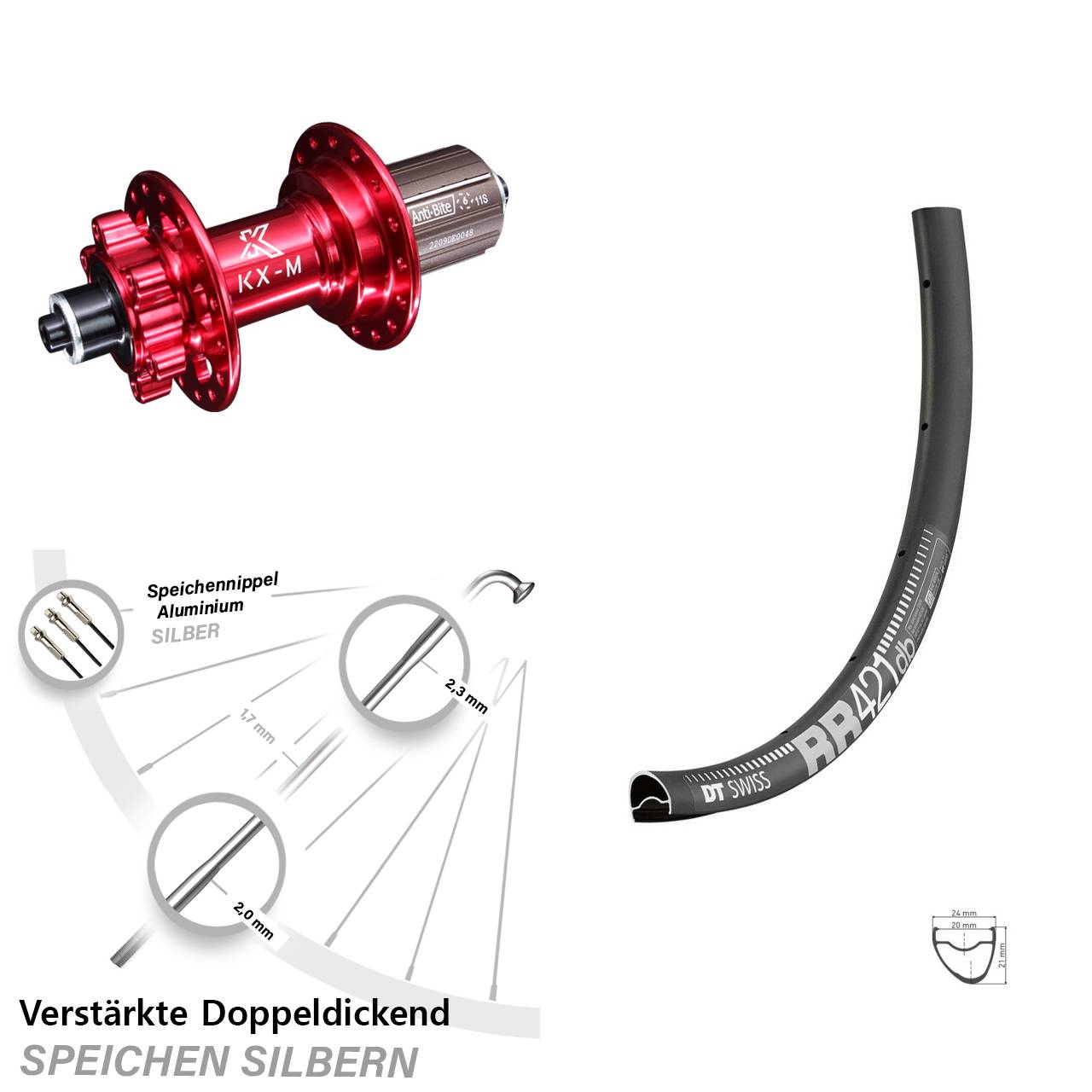 Disc Hinterrad 28 Zoll DT Swiss RR421 KX-M rot 8-12 fach HG für Schnellspanner