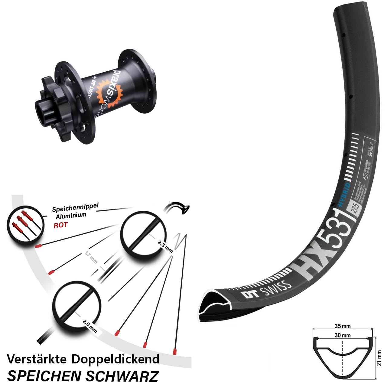 29 Zoll DT Swiss HX531-350 6-Loch Vorderrad 15x100