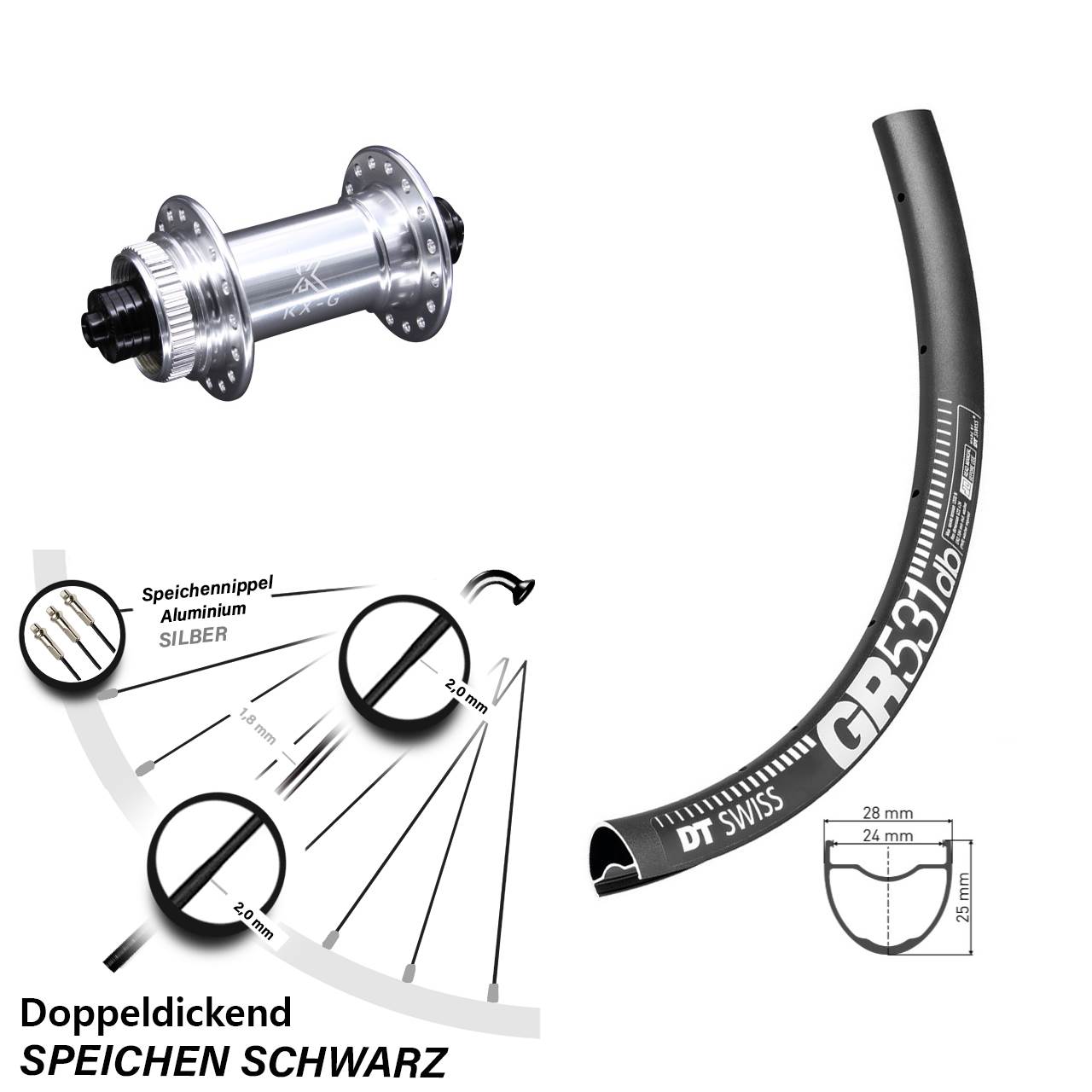 Laufrad 27,5 Zoll DT Swiss GR 531 Disc KX-G Centerlock 5/100 silbern