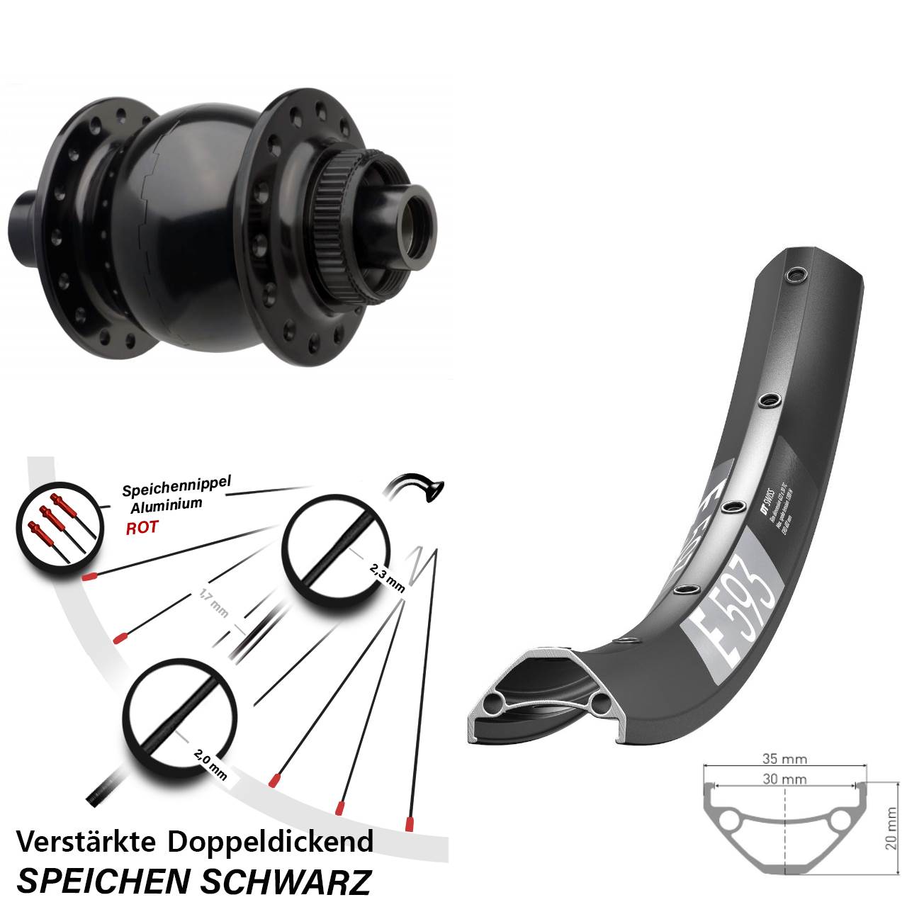 Nabendynamo-Vorderrad Centerlock 29 Zoll DT Swiss E 593 SON 28 15x110 Boost