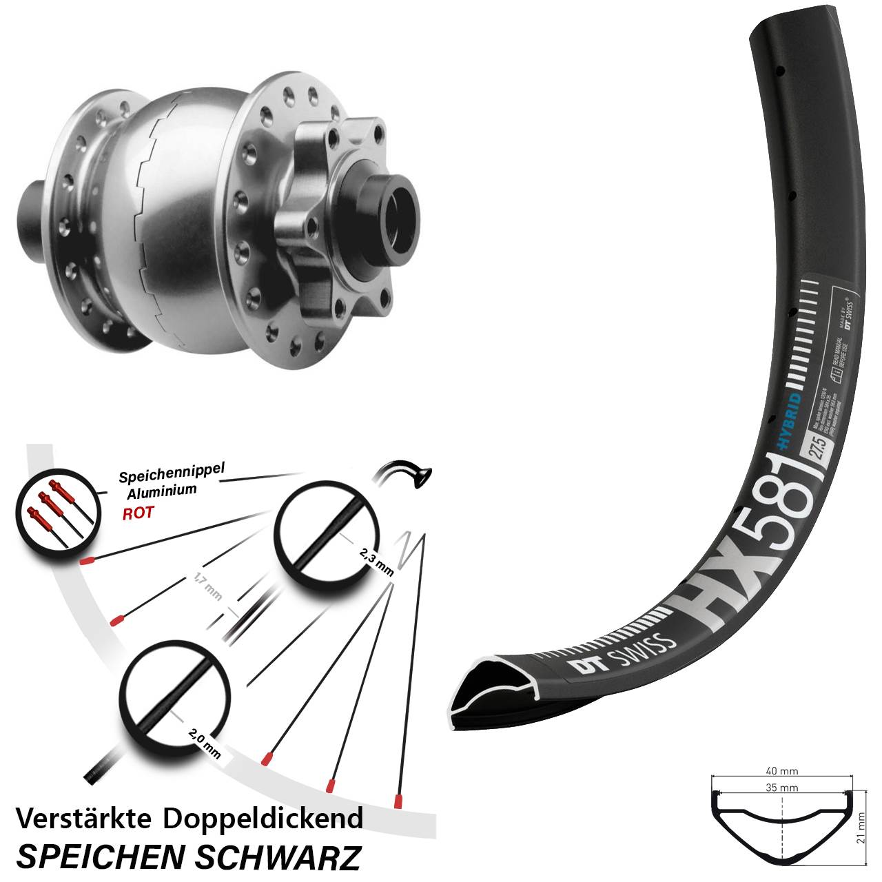 6-Loch Dynamo-Vorderrad 27,5 Zoll DT Swiss HX581 SON 28 15x100