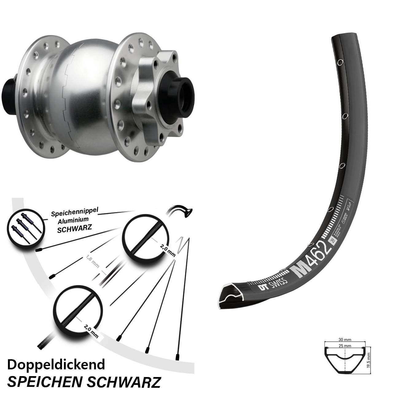 Boost Disc Nabendynamolaufrad 15x110 27,5 Zoll DT Swiss M462 SON 28 silbern