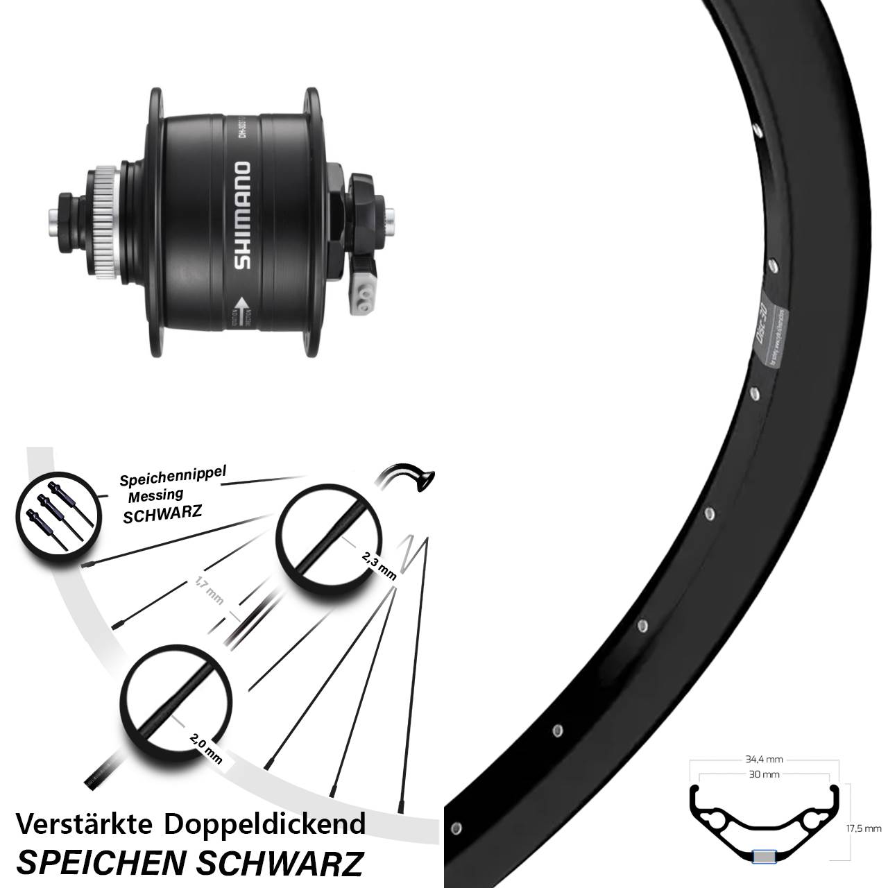 27,5 Zoll Ryde Disc 30 Shimano DH-3D37 Nabendynamolaufrad QR