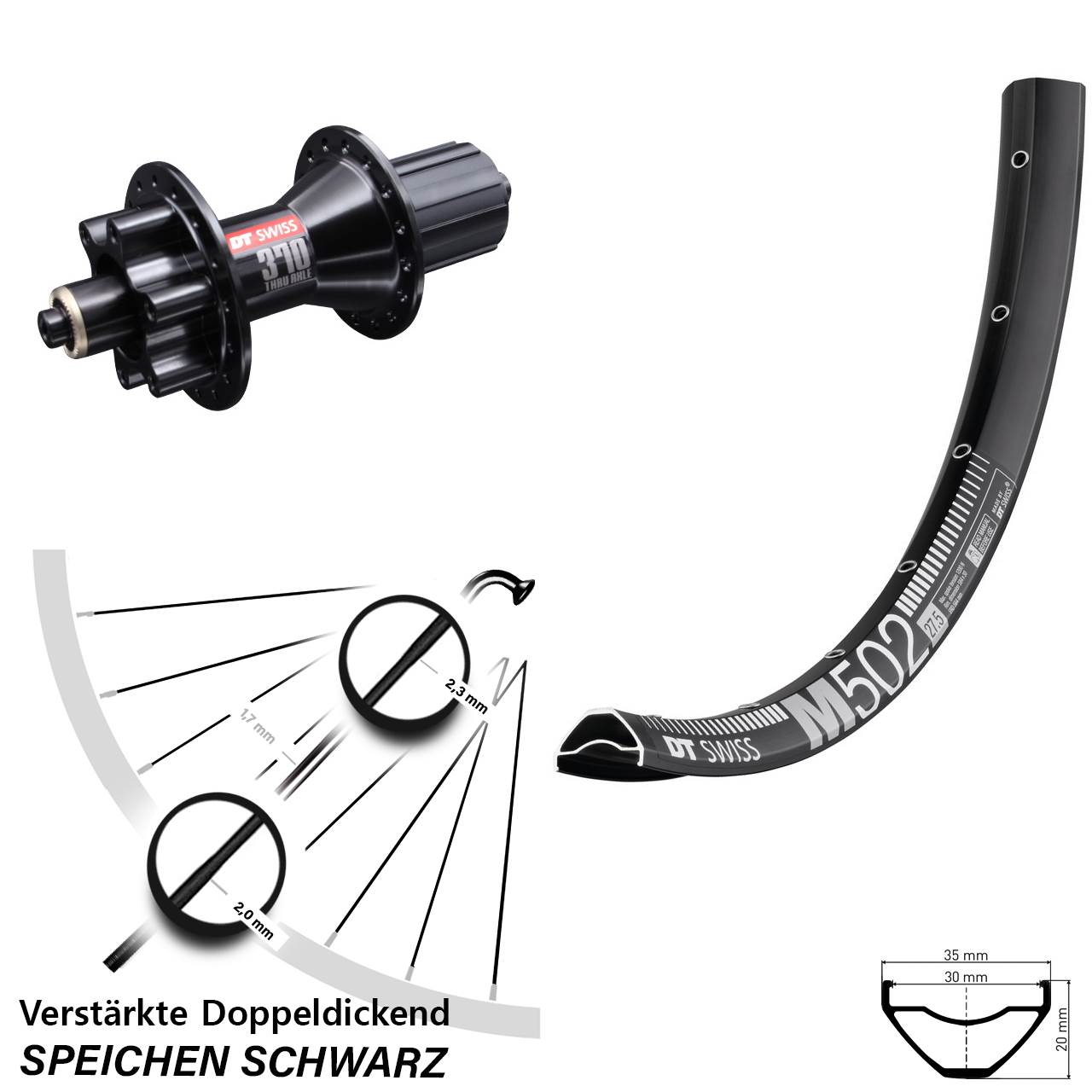 Disc Laufrad 27,5 Zoll DT Swiss M502 DT Swiss 370 Hybrid 8-11 fach HG für Schnellspanner