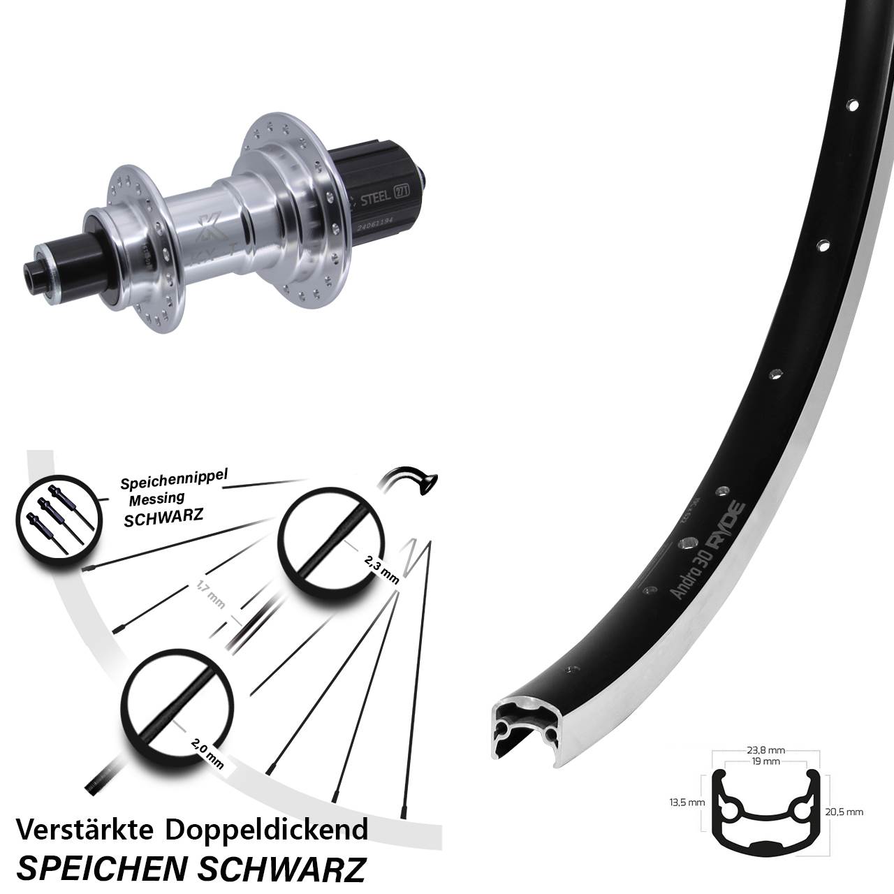 Hinterrad 26 Zoll Ryde Andra 30 KX-TS Heavy Duty 8-12 fach QR