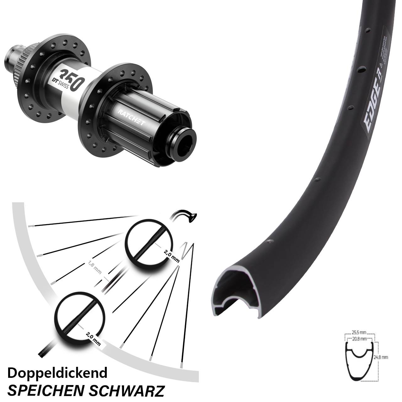 Ryde Edge R25 OS Disc Hinterrad 28 Zoll DT Swiss 350 Centerlock 12x142 mm Road 11-fach