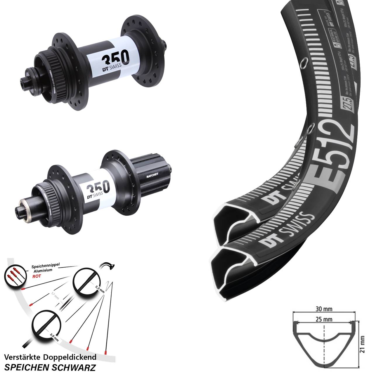 29 Zoll DT Swiss E 512-350 Ratchet 36 Laufradsatz Centerlock QR 8-11 fach