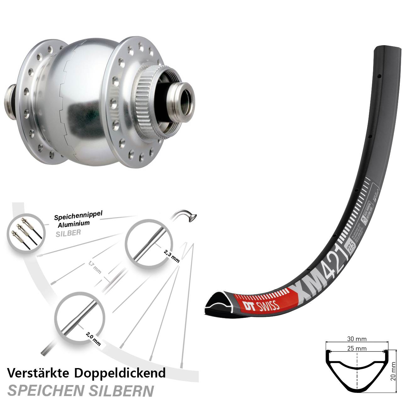 29 Zoll Dynamo-Vorderrad 12x100 DT Swiss XM421 SON 28 Centerlock