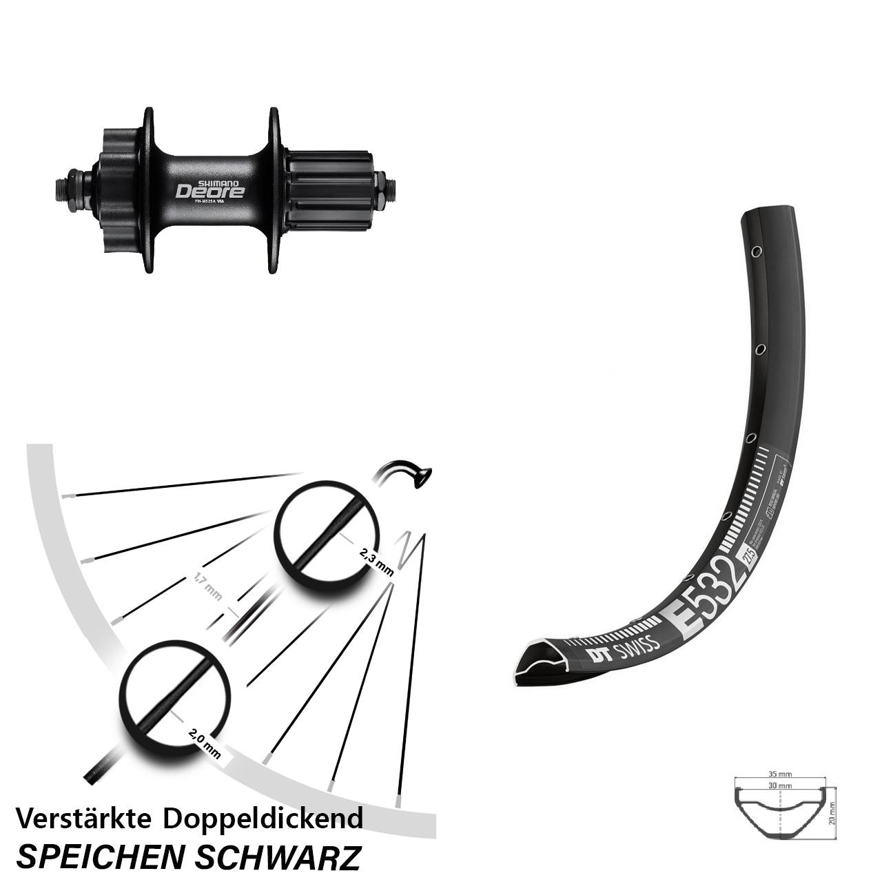 27,5 Zoll DT Swiss E532 Shimano Deore FH-M525 Disc Hinterrad QR 8-11 fach HG