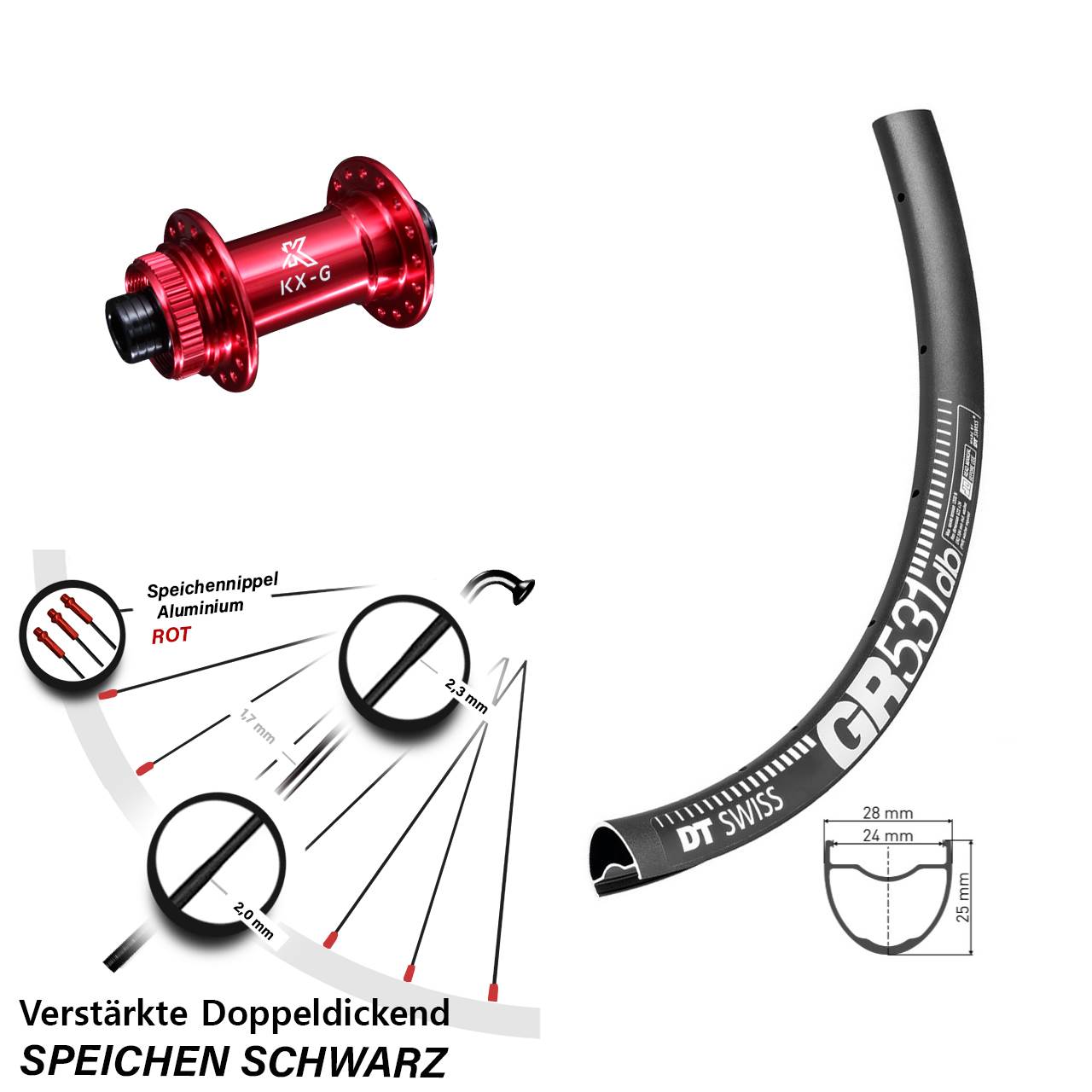DT Swiss GR 531 Gravel Vorderrad 27,5 Zoll mit KX-G Centerlock rot-eloxiert