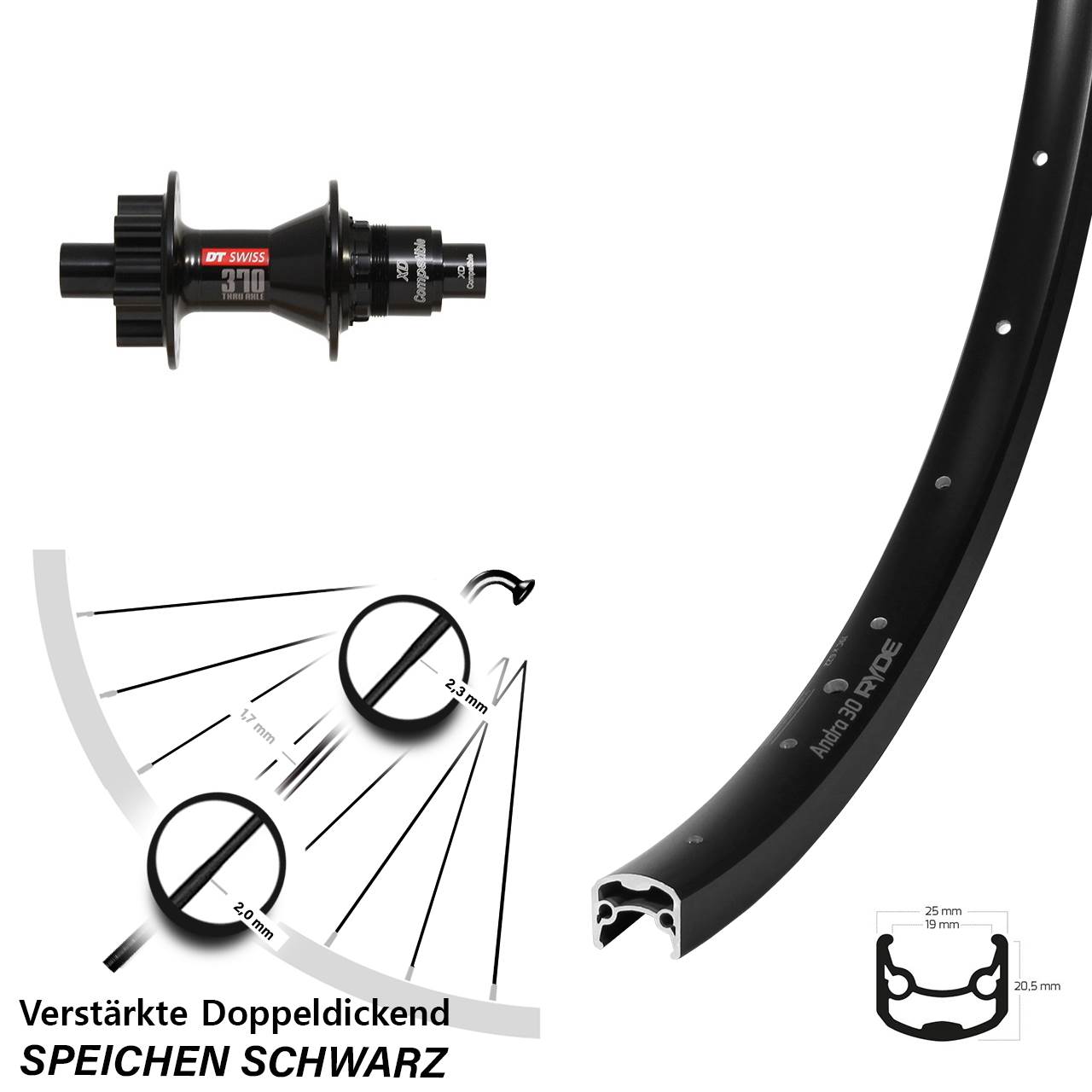 Ryde Andra 30 Disc DT Swiss 370 28-29 Zoll Hinterrad 12x142 SRAM XD